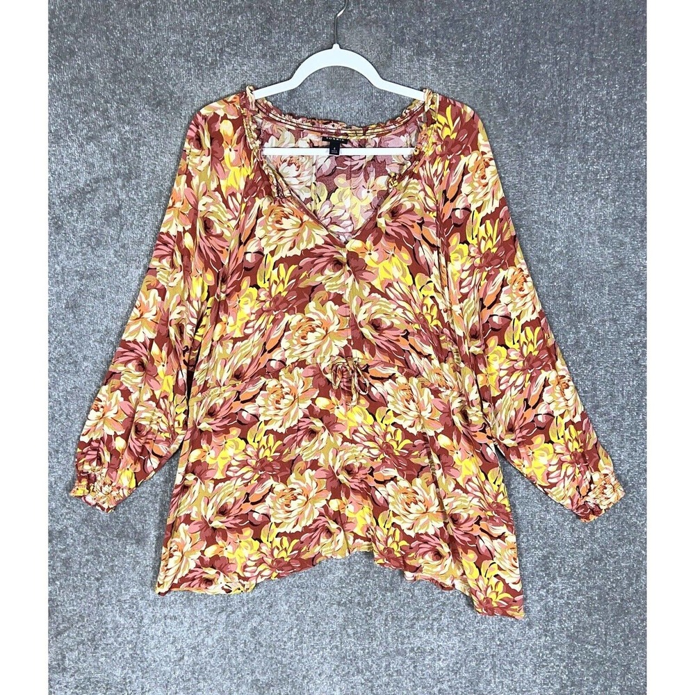 Torrid Esther Long Sleeve Floral Drawstring V-Neck Tunic Top Womens‎ Size 4X